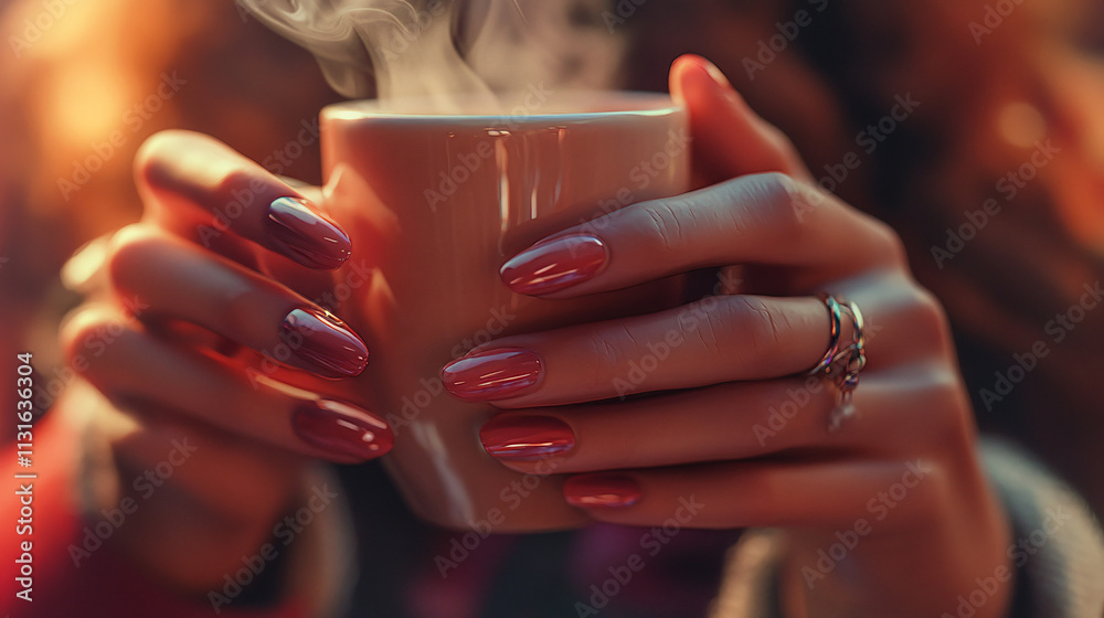 Φωτογραφία Hyper-realistic close-up of a woman's manicured hands holding a coffee cup, the glossy nails reflecting the soft light, with intricate details of steam rising from the cup