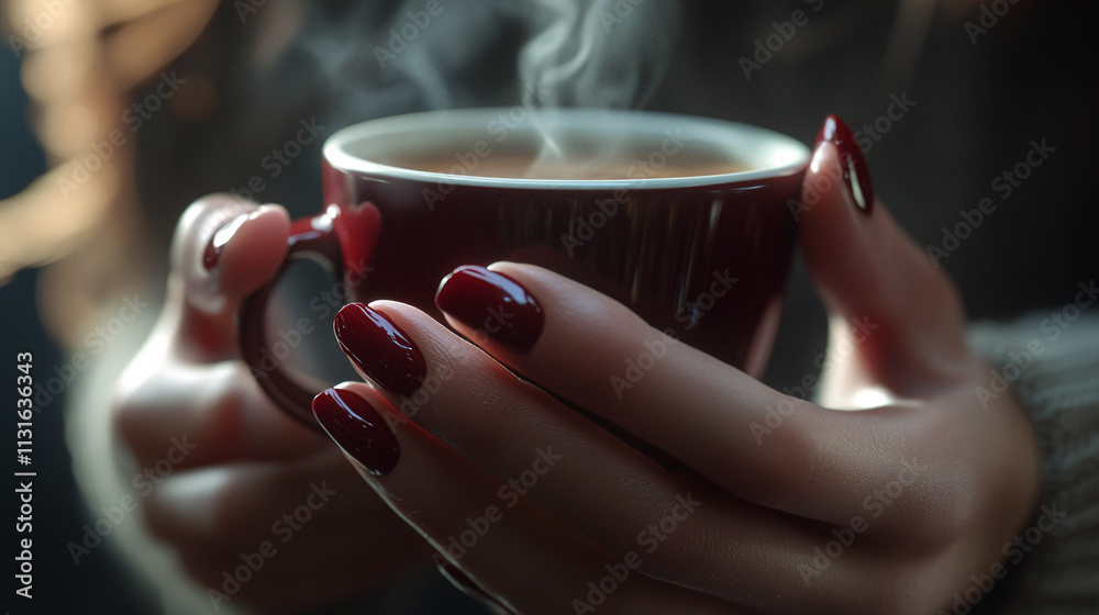 Φωτογραφία Hyper-realistic close-up of a woman's manicured hands holding a coffee cup, the glossy nails reflecting the soft light, with intricate details of steam rising from the cup
