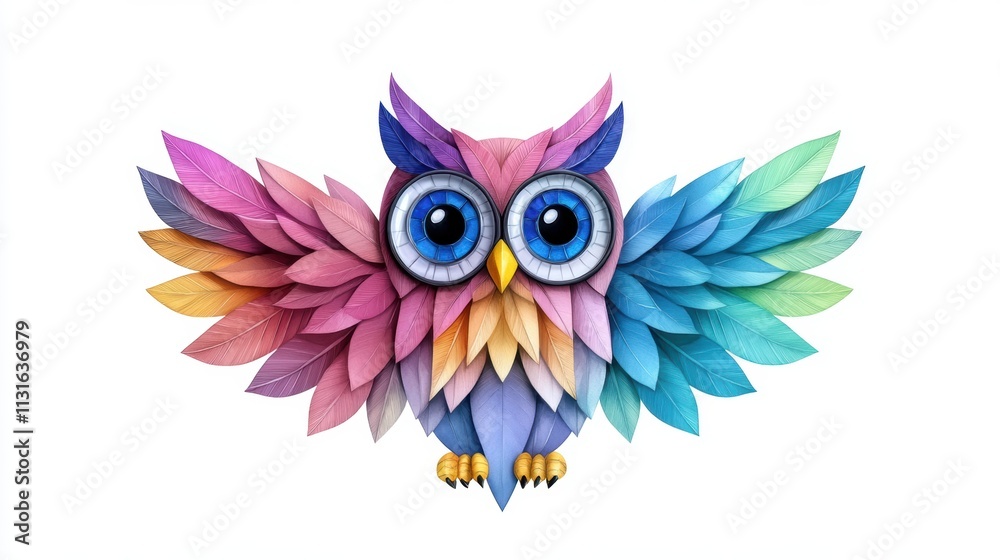 Obraz premium A vibrant, colorful owl made of colorful leaves spread its wings wide, set against a white background, This whimsical image can be used for children's books, educational materials