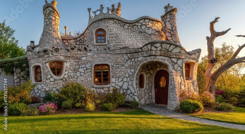 Wallpaper Mural Whimsical stone cottage with rounded windows and unique architecture in garden setting Torontodigital.ca