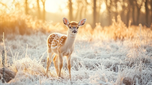 A young deer stands in frosty grass on a chilly winter morning amidst nature s beauty photo