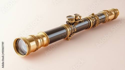 An ornate vintage telescope in gold and black, perfect for illustrating themes of exploration, adventure, and curiosity, ideal for historical articles or lifestyle design projects, photo