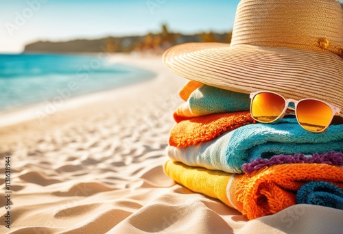 colorful beach accessories arranged crystal clear blue water creating lively summer atmosphere, beachbag, beachball, beachdune, beachfun, beachhose photo
