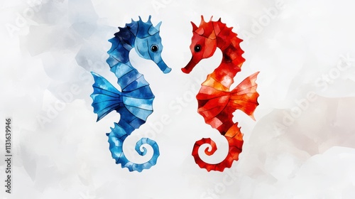 Colorful watercolor depiction of two seahorses, one blue and one red, entwined in a gentle embrace, Ideal for marine-themed projects, illustrations, or decorative prints, photo