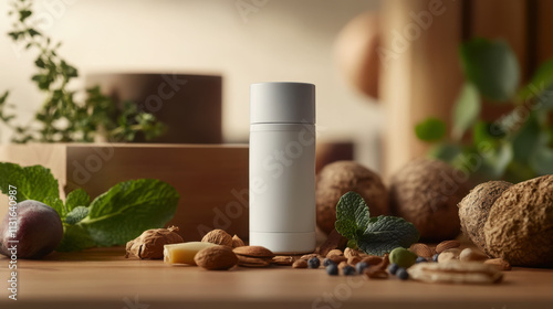 Eco-friendly deodorant bottle amidst nuts and herbs in a natural setting for personal care design