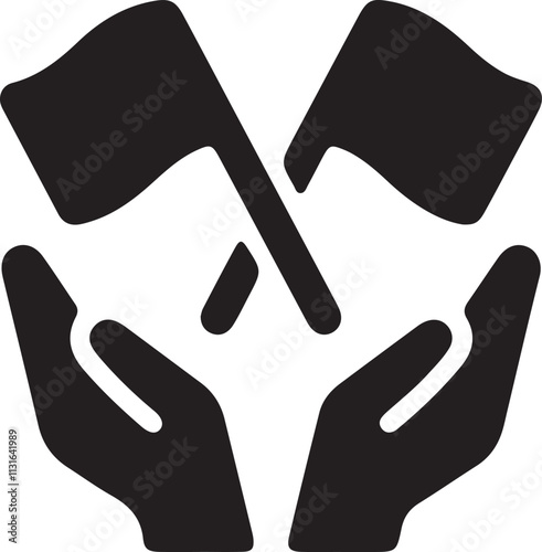 Illustration of a silhouette icon featuring two upturned hands holding two crossed flags
