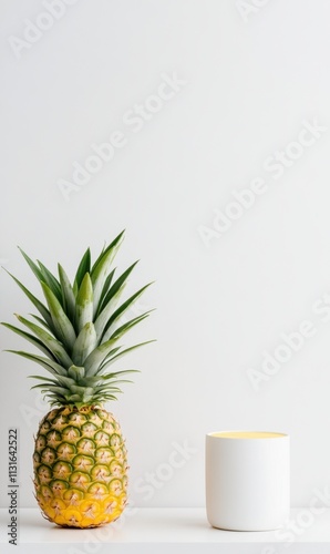 Fresh Pineapple with Green Leaves Next to Minimalist White Candle on Simple Background photo