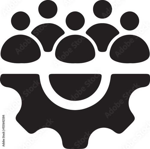 Illustration of a silhouette icon featuring a group of stickmen under a gear