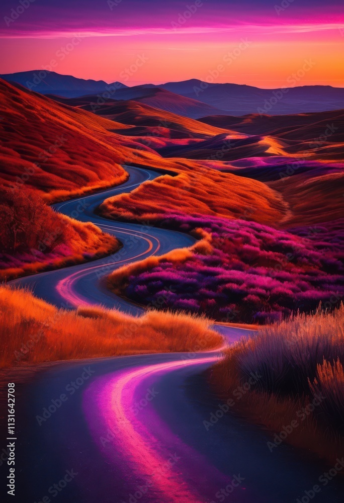 Naklejka premium vibrant sunset over winding road stretching through empty landscape deep hues purple blending sky, colors, scenery, horizon, nature, twilight, vista, travel
