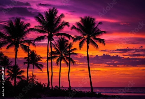 vibrant silhouettes palm trees colorful sunset sky capturing essence tropical paradise beauty, nature, landscape, horizon, orange, yellow, cloud, dusk, light