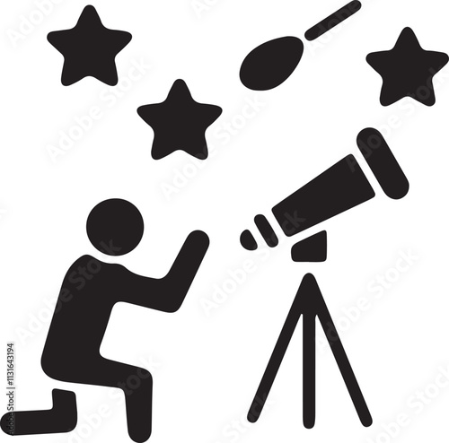 Illustration of a silhouette icon featuring a stickman looking at stars through a telescope