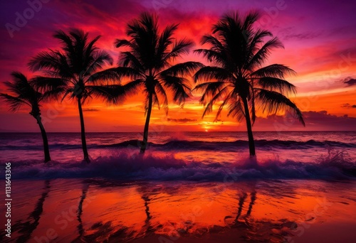 stunning silhouettes overlooking vibrant sunset waves intense colors dynamic reflections, beach, ocean, horizon, cloud, landscape, sky, light, nature, scene