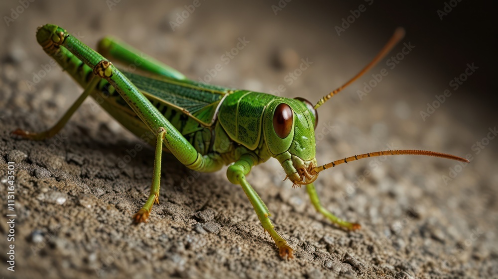 Fototapeta premium Close-up of a vibrant green grasshopper on textured surface.