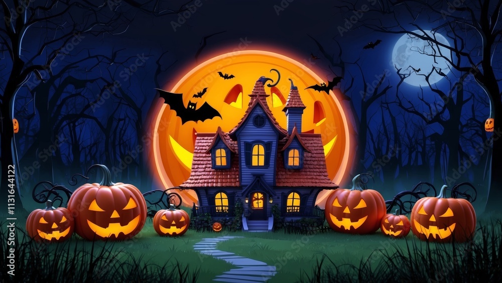 Fototapeta premium Spooky halloween night with pumpkins and witch house