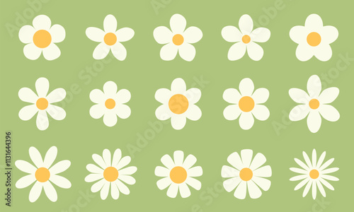 Chamomile. White daisy round flower set. Camomile icon collection. Isolated on green background. Flat design. Vector illustration. Summer chamomile flower. Love symbol