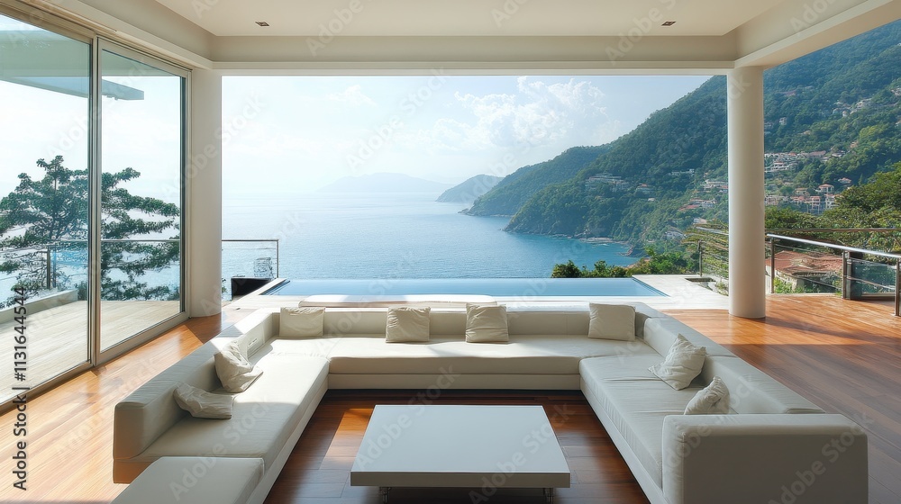 Fototapeta premium Modern Coastal Living Room With Ocean View
