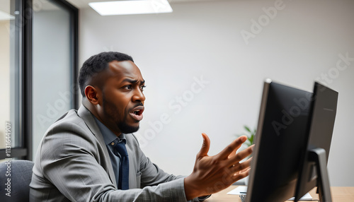 Angry annoyed man african businessman boss talk in video conference use computer arguing conflict quarrel complain bad service talking distant shout solve business problem expressing negative feedba photo