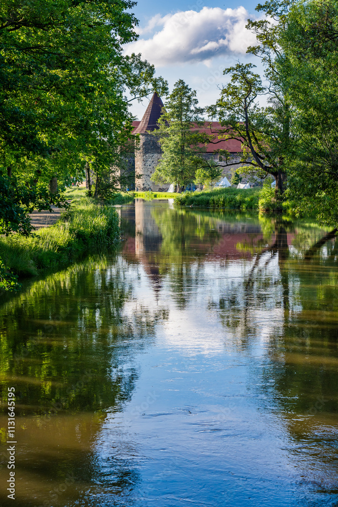 Fototapeta premium Svihov, Czech republic - May 24, 2024. Water castle Svihov in sunny day