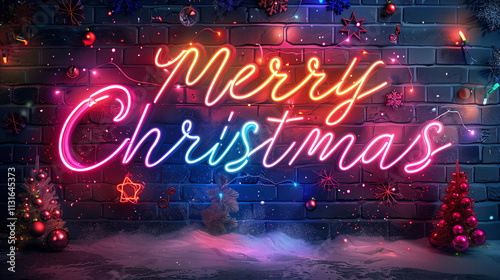 Merry Christmas neon sign. Beautiful calligraphic neon typography. Xmas style font. Ornate type. Glowing christmassy neon artwork with flourishes and details