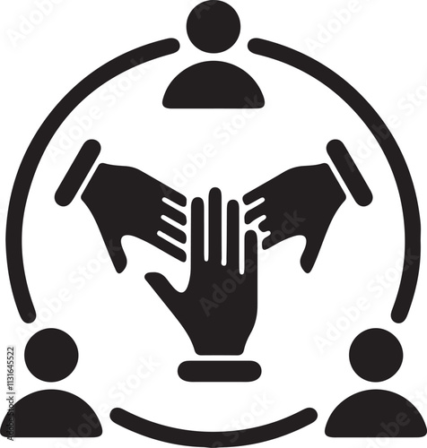 An illustration of an icon featuring three stickman hands stacked together, symbolizing teamwork and collaboration photo