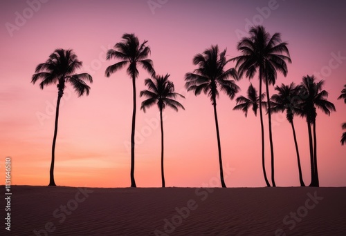 striking vibrant silhouettes palm trees soft gradient backdrop tropical paradise aesthetic, sunset, nature, shadow, landscape, sky, color, beach, summer