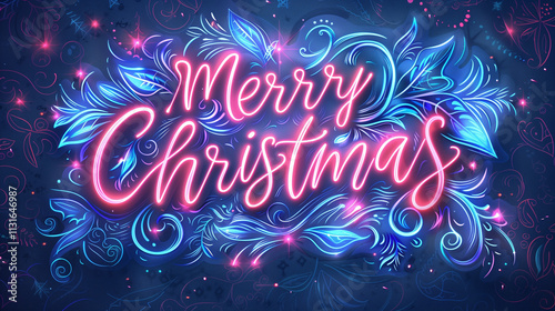 Merry Christmas neon sign. Beautiful calligraphic neon typography. Xmas style font. Ornate type. Glowing christmassy neon artwork with flourishes and details
