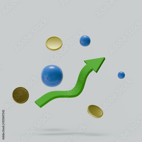 3d growth stock chart with coins investing icon, Uptrend stock market graph. 3d render illustration.