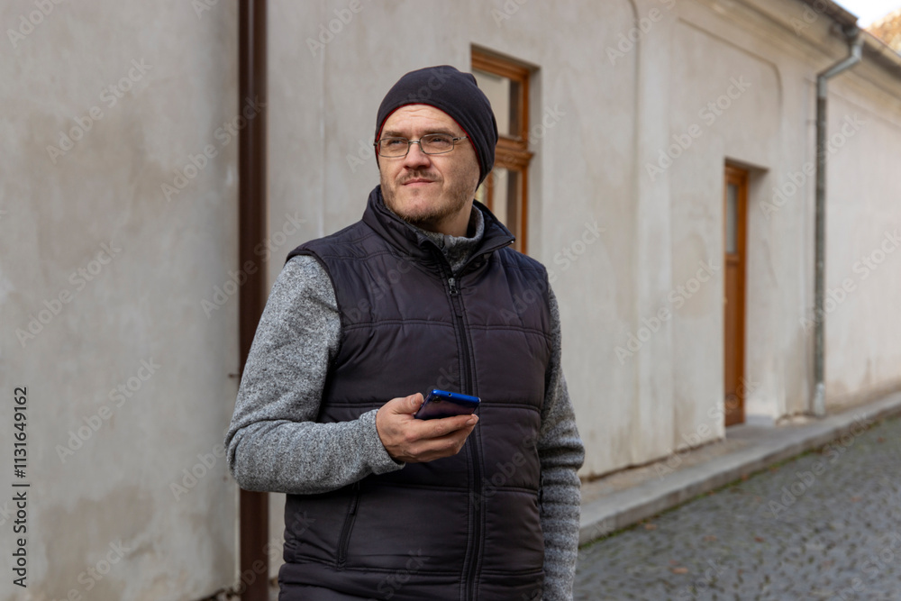 A man with a phone on the street.