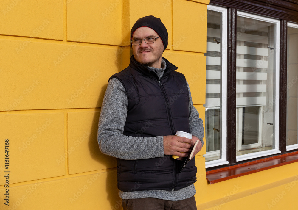 A man with a cup of coffee on the street