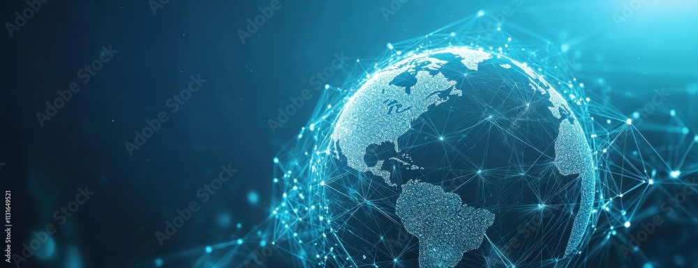 Fototapeta premium A blue background with the globe illuminated by glowing connections, symbolizing global connectivity and technology's impact on world events Generative AI