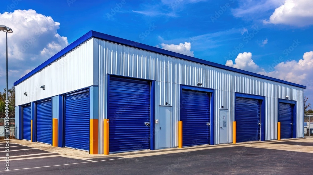 Fototapeta premium Mini colorful metal self storage facilities rental units, warehouse exterior, industry garage building