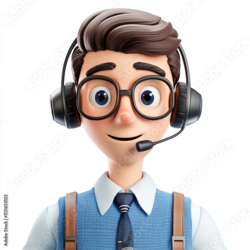 3D Office Operator with Headset Talking to a Client Illustration