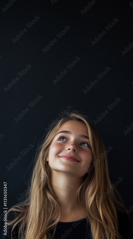 Naklejka premium beautiful young girl smiling looking up on black background with copy space vertically 9:16