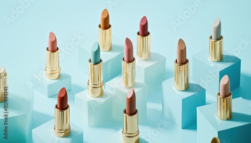 Artistic Arrangement Of Lipstick Shades And Swatches On Light Blue Background: Showcasing Variety Of Colors And Textures In Stylish Display. photo