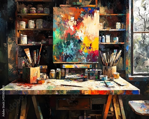 A vibrant artist's studio filled with paintbrushes, colorful paints, and an abstract canvas. The creative environment inspires artistic expression and imagination. photo