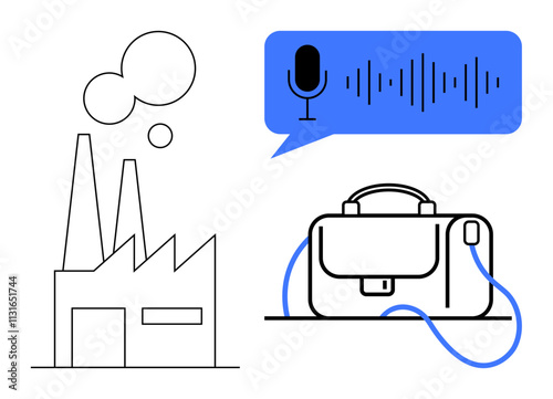 Industrial factory emitting smoke, a briefcase, and a speech bubble containing a microphone and soundwave. Ideal for technology, business, industry, communication, podcasting, work, and manufacturing