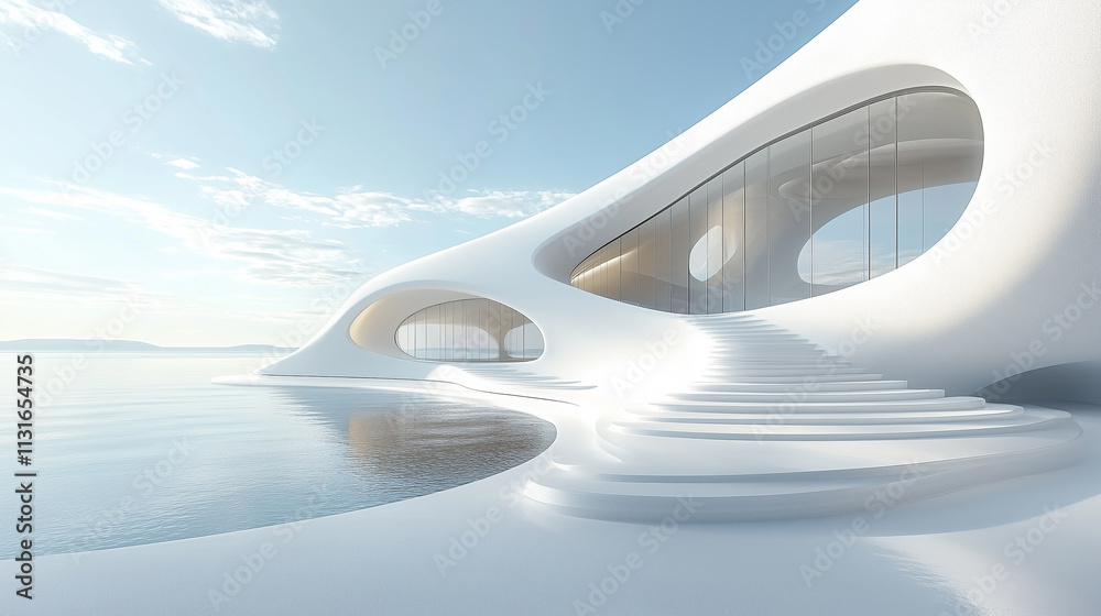 Naklejka premium Stunning modern architecture with curves alongside serene water at sunset