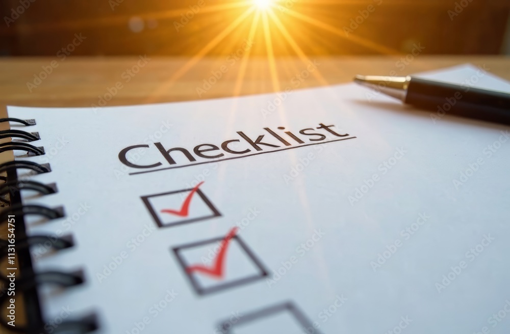 Fototapeta premium A spiral-bound checklist lays on a wooden desk, featuring several checked boxes. A pen rests beside it, while warm sunlight creates a serene atmosphere in the background.