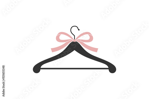 Wooden stylish clothes hanger in exquisite retro style with crossbar for trousers and pink tied bow. Vector cute logo in black on white isolated background for children's and women's clothing store.