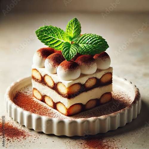 Tiramisu dessert with coffee sprinkles and a mint leaf. Сreated AI.