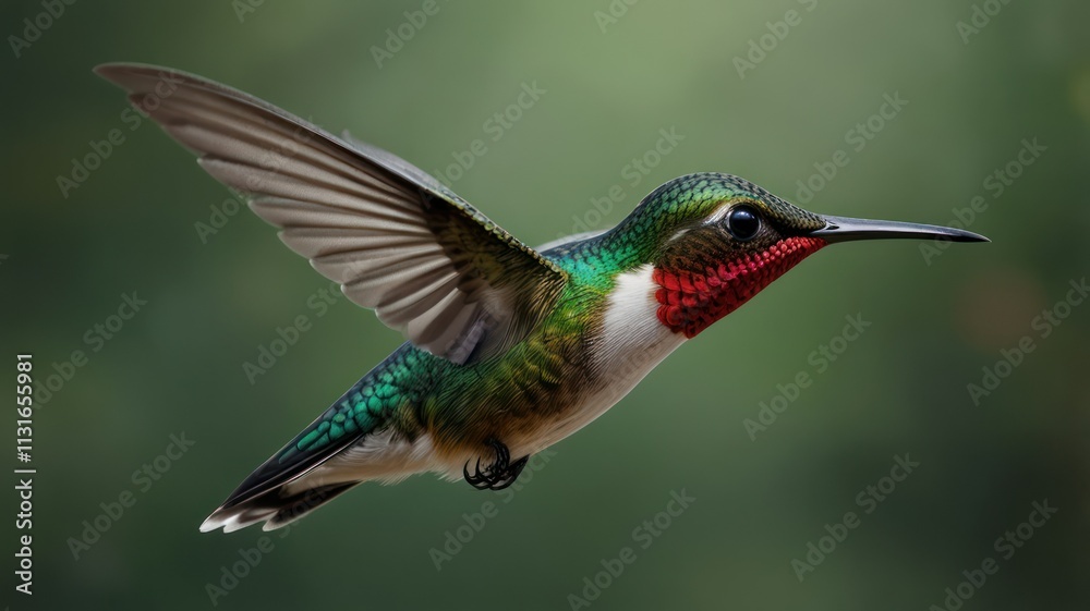 Fototapeta premium Vibrant hummingbird in flight, iridescent green feathers, red throat.