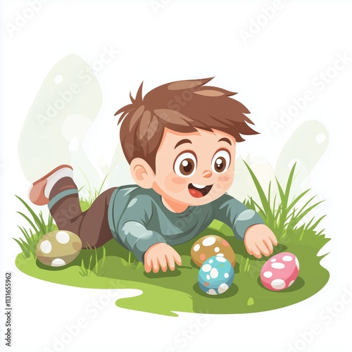 Illustration Of A Startled Young Boy Discovering Easter Eggs While Lying On Grass, Captured With Bokeh Effect On A White Background.