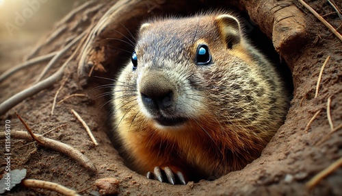 Groundhog Day. The groundhog climbed out of his hole to see his shadow.