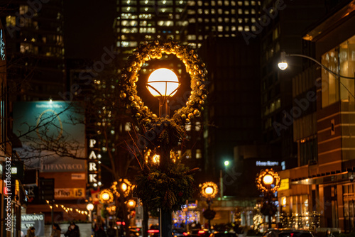 Photography Yorkville Toronto seasonal holiday decorations with lights.
