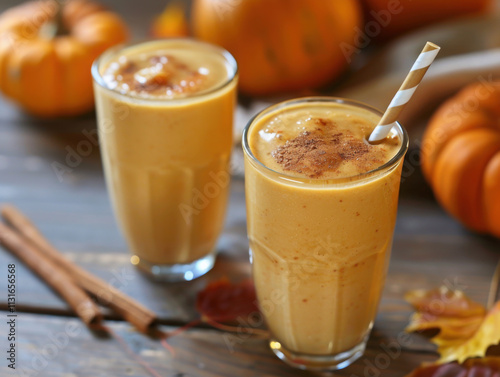 Autumn delight with organic pumpkin smoothies in a cozy setting photo