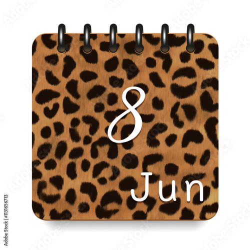 8 June. Leopard print calendar daily icon. White letters. Date day week Sunday, Monday, Tuesday, Wednesday, Thursday, Friday, Saturday.