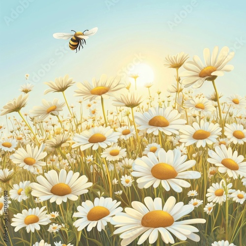 Beautiful Summer Meadow: Abundance Of Chamomile Under The Golden Sun, Daisies, And A Flying Bumblebee. Scenic Summer Landscape. Sunny Wallpaper For Summer Vibes.