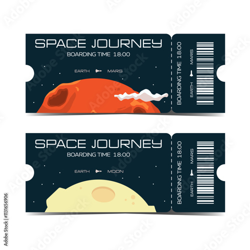 Set of vector ticket template with dark blue space background and planets. Hand drawn celestial bodies in cartoon stylization. Admission for planetarium, exhibition, show. Mars and moon in flat style