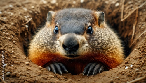 Groundhog Day. The groundhog climbed out of his hole to see his shadow. 