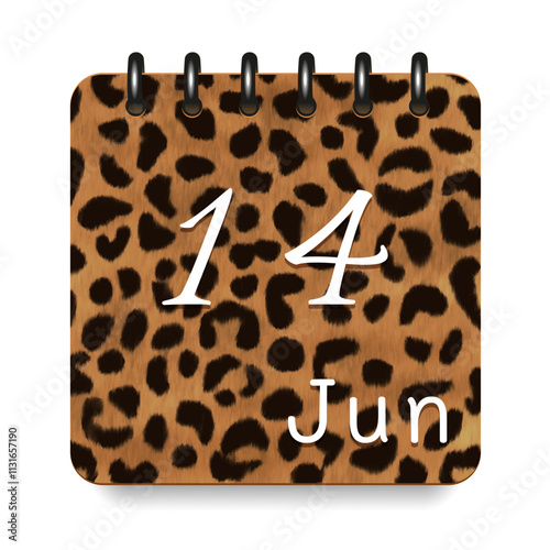 14 June. Leopard print calendar daily icon. White letters. Date day week Sunday, Monday, Tuesday, Wednesday, Thursday, Friday, Saturday.